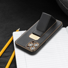 Kryt LEATHER Case Kickstand na Apple iPhone 14 Pro Max Černý 