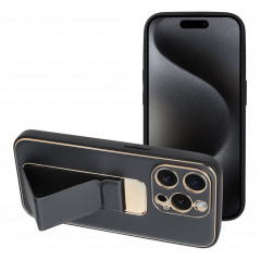 Kryt LEATHER Case Kickstand na Apple iPhone 15 Pro Černý