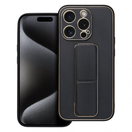 Kryt LEATHER Case Kickstand na Apple iPhone 15 Pro Černý 