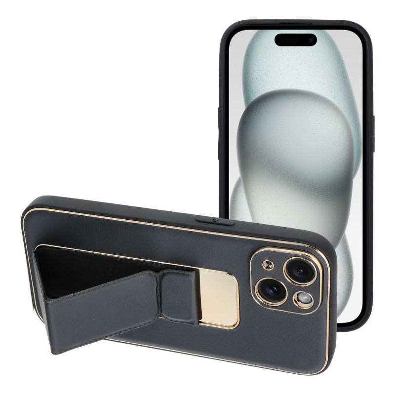 Kryt LEATHER Case Kickstand na Apple iPhone 15 Černý 