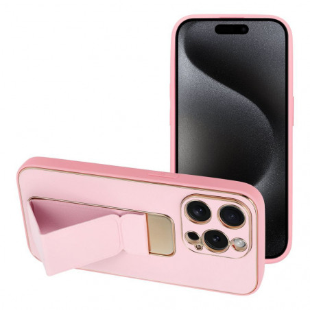 Kryt LEATHER Case Kickstand na Apple iPhone 15 Pro Růžový