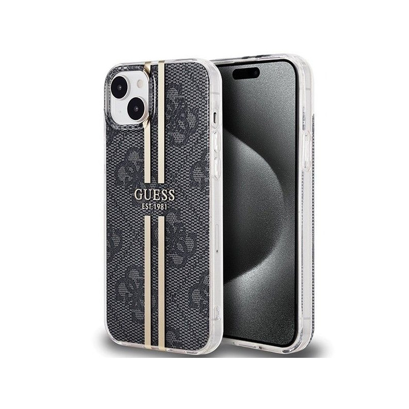 Kryt Guess 4G Gold Stripe na Apple iPhone 15 Plus Elegantní  Černý 