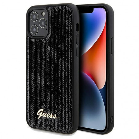 Kryt Guess Sequin Script Metal na Apple iPhone 12 Elegantní  Černý