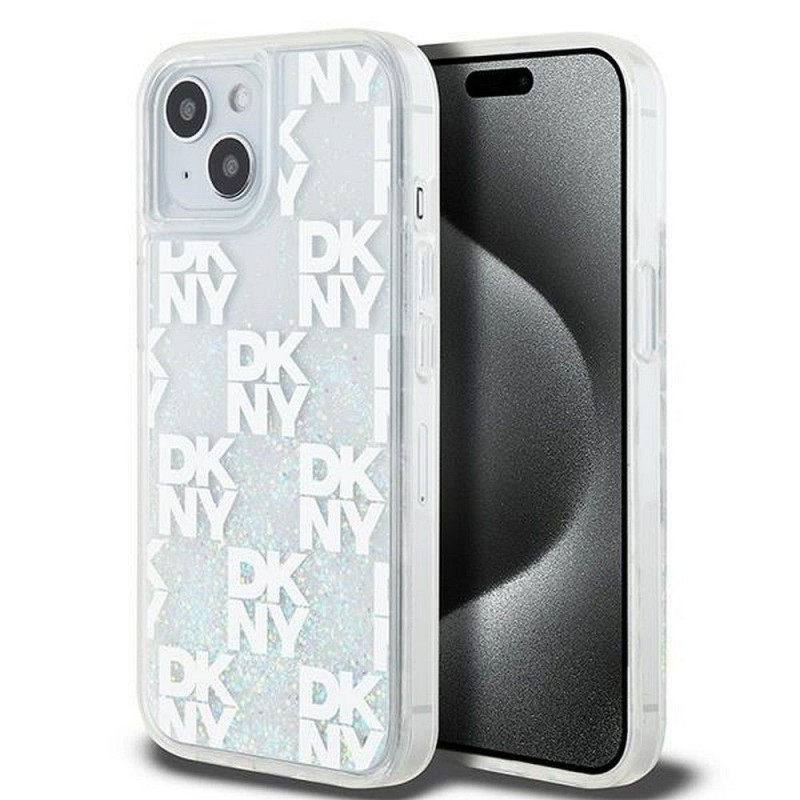 Kryt DKNY Liquid Glitters Checkered Pattern na Apple iPhone 15 Bílý 