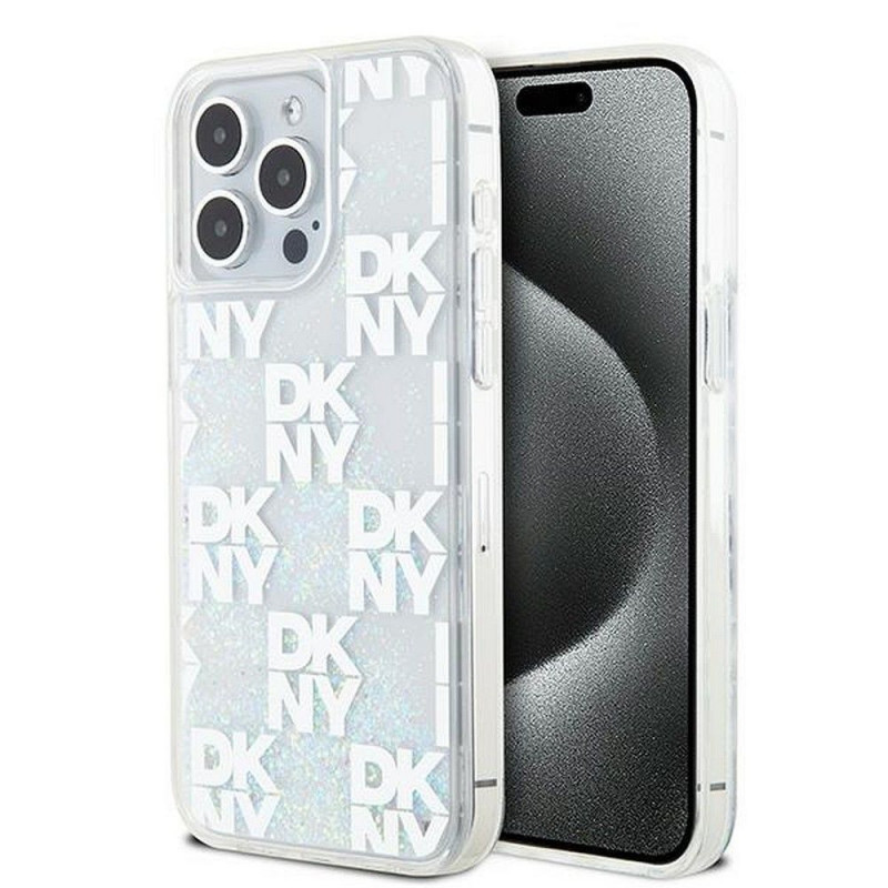 Kryt DKNY Liquid Glitters Checkered Pattern na Apple iPhone 15 Pro Max Bílý 