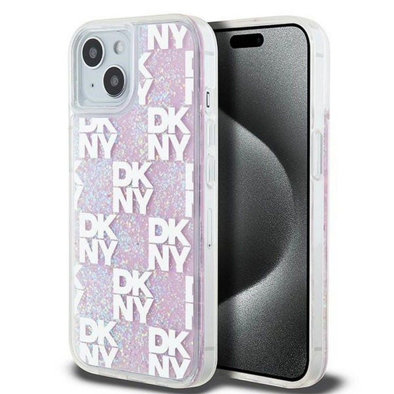 Kryt DKNY Liquid Glitters Checkered Pattern na Apple iPhone 15 Růžový 