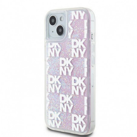 Kryt DKNY Liquid Glitters Checkered Pattern na Apple iPhone 15 Růžový 