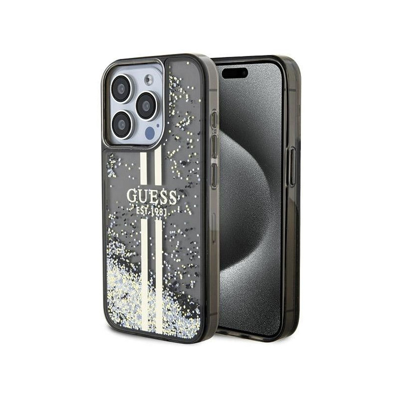 Kryt Guess Liquid Glitter Gold Stripes na Apple iPhone 15 Pro Max Černý 