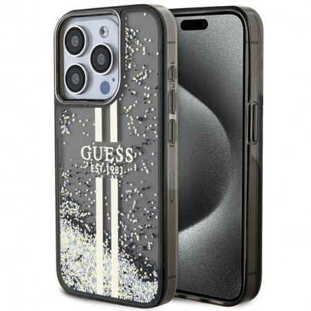 Kryt Guess Liquid Glitter Gold Stripes na Apple iPhone 15 Pro Max Černý 