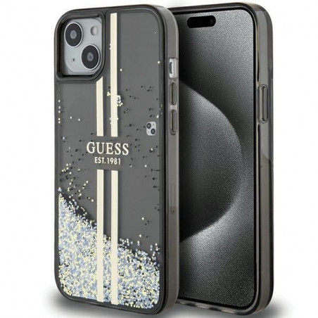 Kryt Guess Liquid Glitter Gold Stripes na Apple iPhone 15 Černý