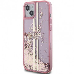 Kryt Guess Liquid Glitter Gold Stripes na Apple iPhone 15 Růžový 