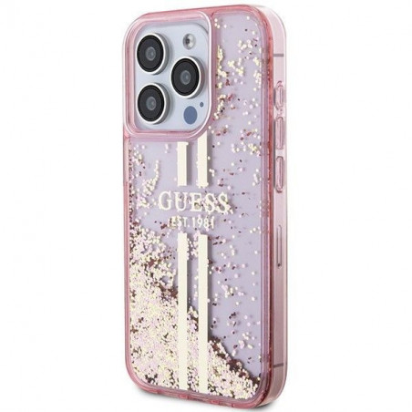 Kryt Guess Liquid Glitter Gold Stripes na Apple iPhone 15 Pro Max Růžový