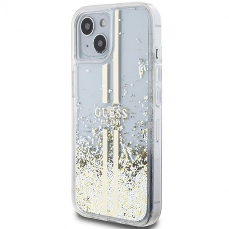 Kryt Guess Liquid Glitter Gold Stripes na Apple iPhone 15 Průhledný 