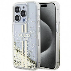 Kryt Guess Liquid Glitter Gold Stripes na Apple iPhone 15 Pro Průhledný