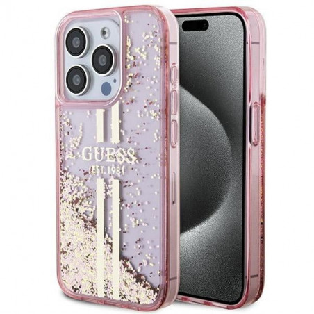 Kryt Guess Liquid Glitter Gold Stripes na Apple iPhone 15 Pro Růžový