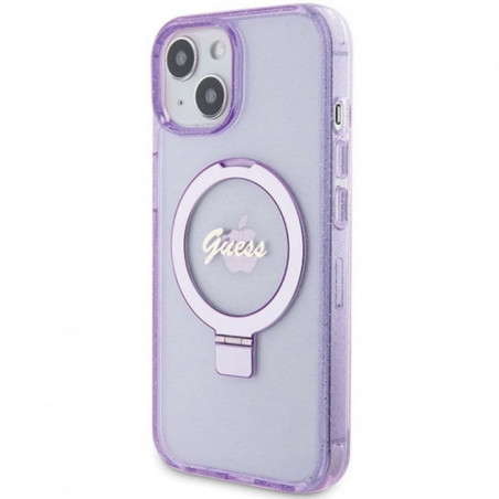 Kryt Guess Glitter Script Logo - Ring stand na Apple iPhone 15 Plus MagSAFE  Fialový (Purple)