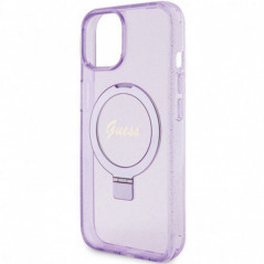 Kryt Guess Glitter Script Logo - Ring stand na Apple iPhone 15 Plus MagSAFE  Fialový (Purple) 