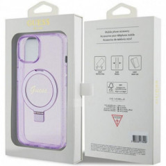 Kryt Guess Glitter Script Logo - Ring stand na Apple iPhone 15 Plus MagSAFE  Fialový (Purple) 