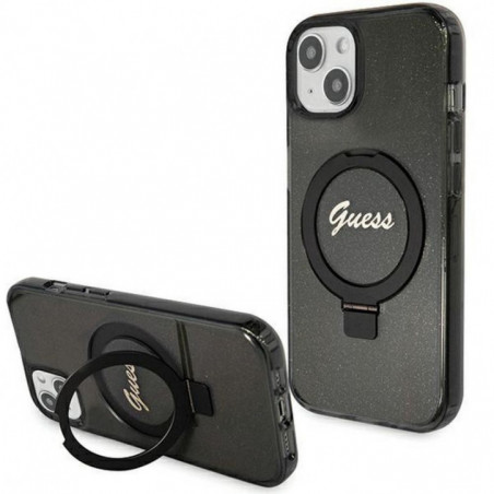 Kryt Guess Glitter Script Logo - Ring stand na Apple iPhone 15 MagSAFE  Černý