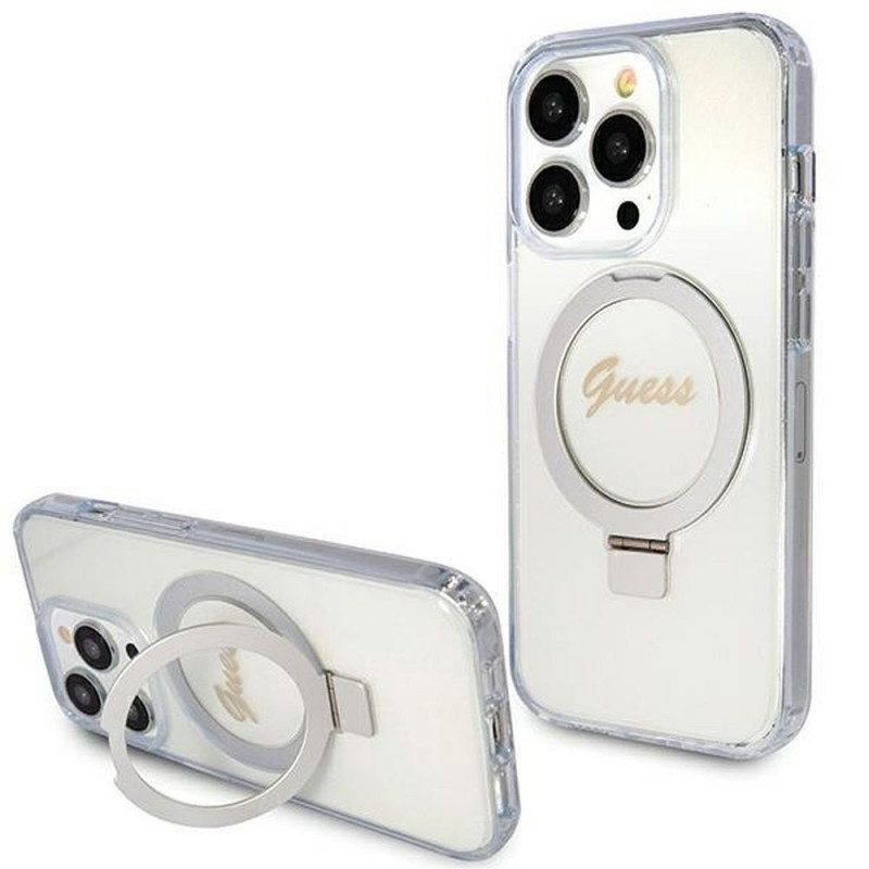 Kryt Guess Glitter Script Logo - Ring stand na Apple iPhone 15 Pro MagSAFE  Průhledný 