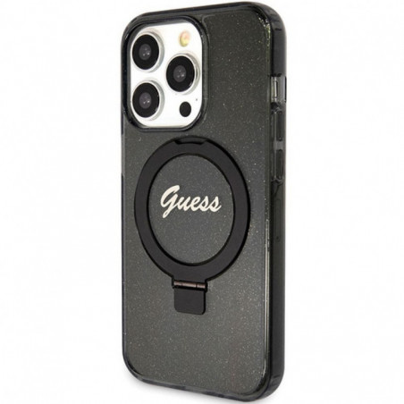 Kryt Guess Glitter Script Logo - Ring stand na Apple iPhone 15 Pro MagSAFE  Černý