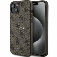 Kryt Guess Leather 4G Metal Logo na Apple iPhone 15 Plus Hnědý