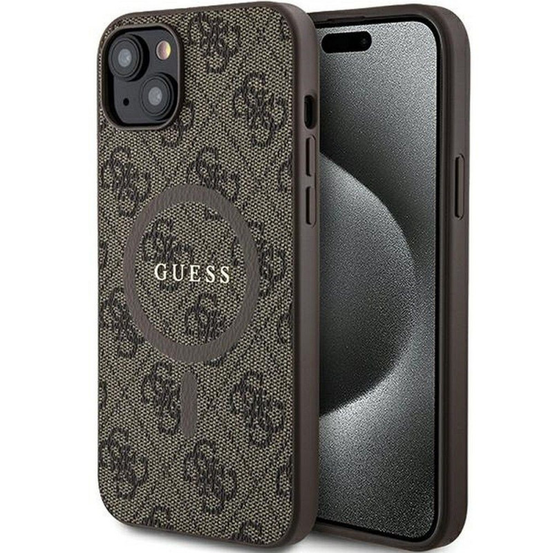 Kryt Guess Leather 4G Metal Logo na Apple iPhone 15 Plus Hnědý 